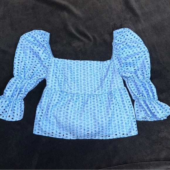 SHEIN top light blue eyelet square neck puffy sleeves size small‎ - Picture 2 of 5